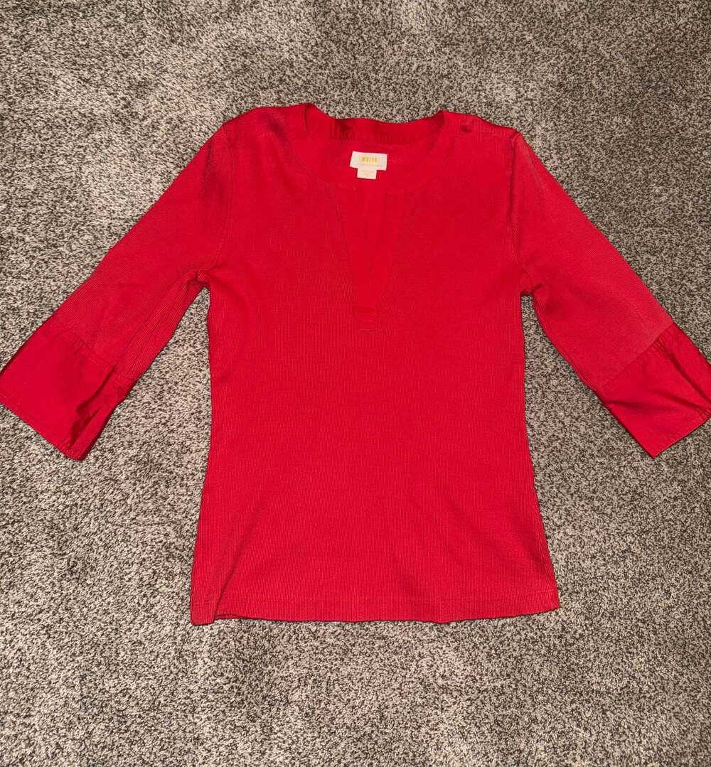 Maeve by Anthropologie Red Ribbed Split-Neck Top with Cuffed Sleeves